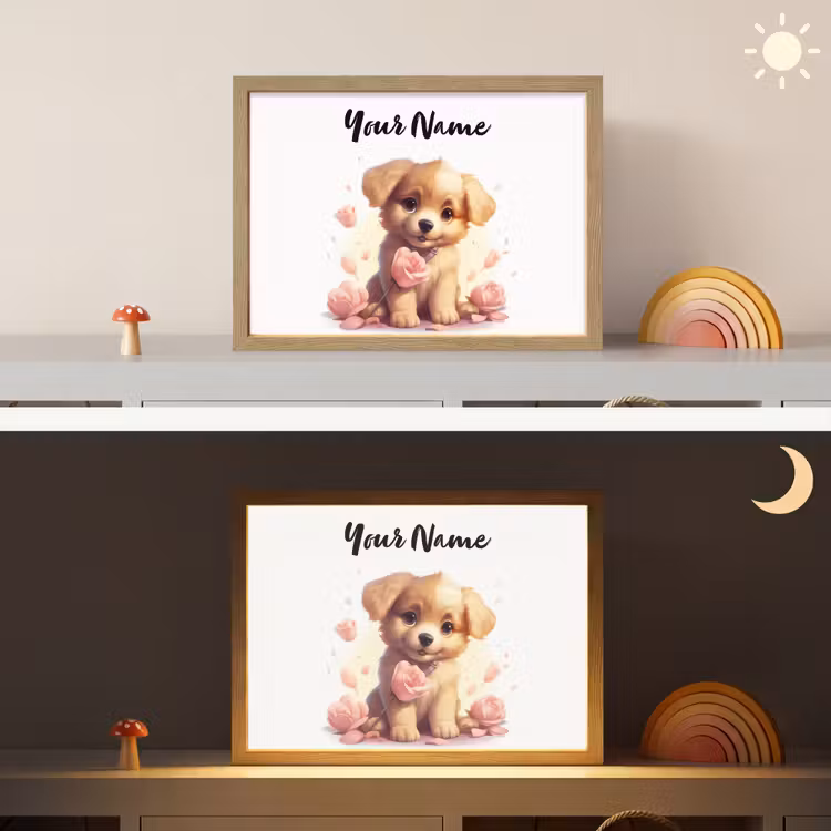 Hond - Bloemen - Roze - Meisjes - Kind Light Box met batterij (Wandlamp kind) middel -sfeer3_kind