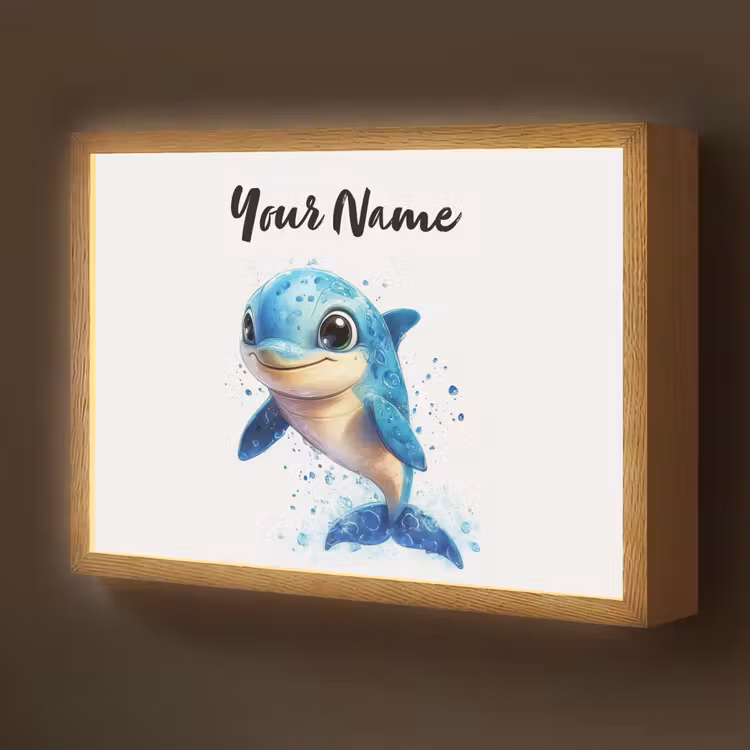 Dolfijn - Blauw - Water - Druppels Light Box met batterij (Wandlamp kind) middel -z3d_website