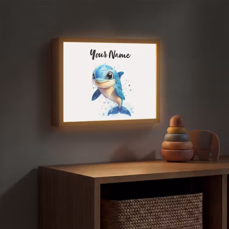 Dolfijn - Blauw - Water - Druppels Light Box met batterij (Wandlamp kind) middel -sfeer5_kind