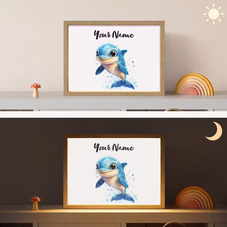 Dolfijn - Blauw - Water - Druppels Light Box met batterij (Wandlamp kind) middel -sfeer3_kind