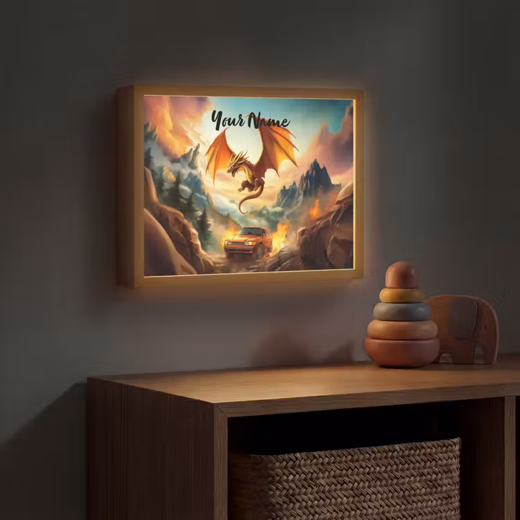 Draak - Auto - Bergen - Vuur Light Box met batterij (Wandlamp kind) middel -sfeer5_kind