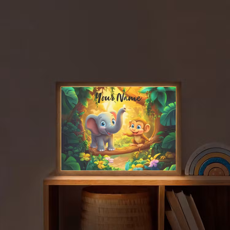 Olifant - Appje - Jungle - Kleurrijk Light Box met batterij (Wandlamp kind) middel -sfeer1_kind