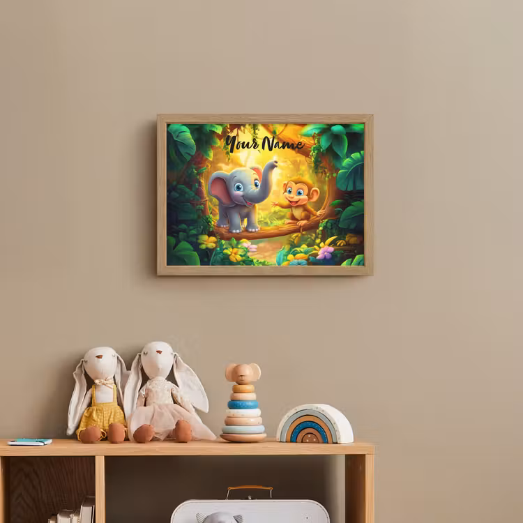 Olifant - Appje - Jungle - Kleurrijk Light Box met batterij (Wandlamp kind) middel -sfeer2_kind