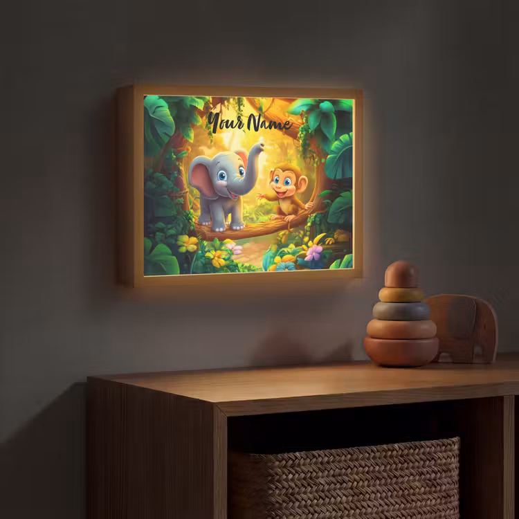 Olifant - Appje - Jungle - Kleurrijk Light Box met batterij (Wandlamp kind) middel -sfeer5_kind