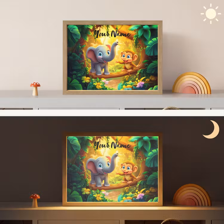 Olifant - Appje - Jungle - Kleurrijk Light Box met batterij (Wandlamp kind) middel -sfeer3_kind