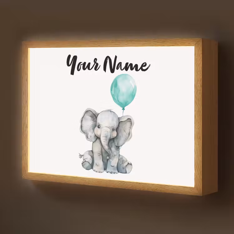 Olifant - Baby - Dieren - Blauwe ballon Light Box met batterij (Wandlamp kind) middel -z3d_website