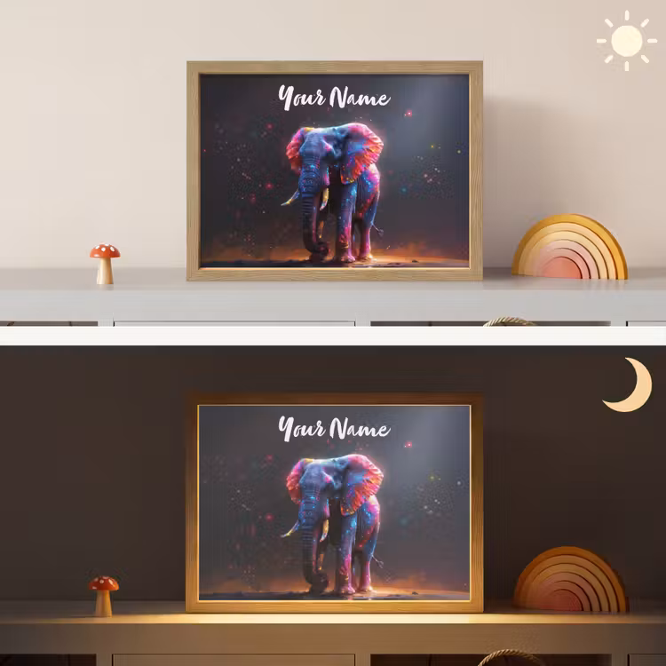 Olifant - Kleuren - Sterren - Dier Light Box met batterij (Wandlamp kind) middel -sfeer3_kind