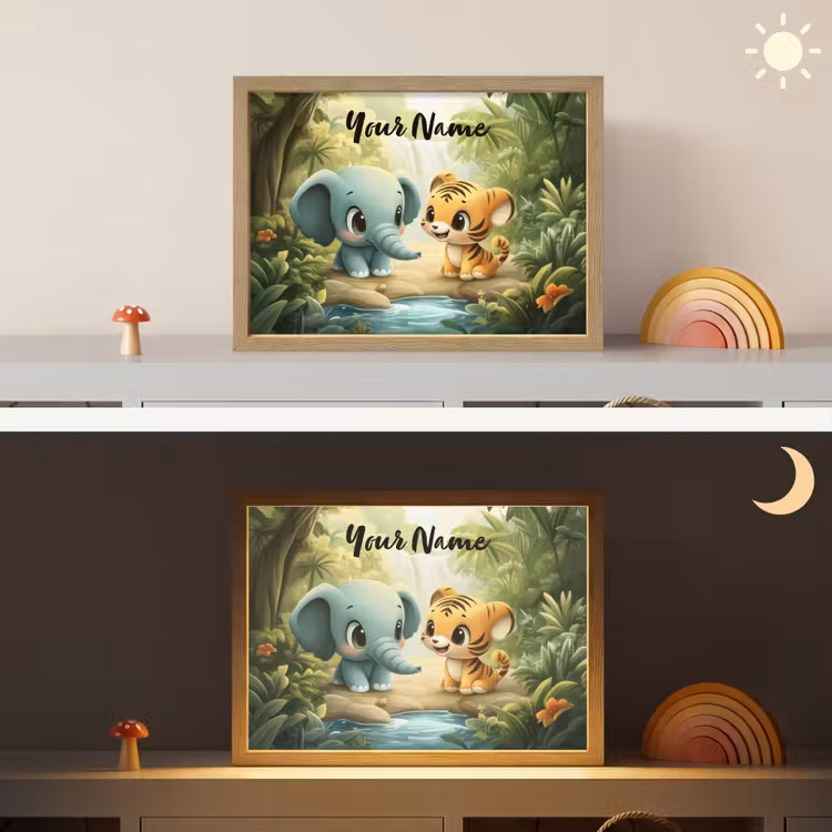 Olifant - Tijger - Bos - Jungle Light Box met batterij (Wandlamp kind) middel -sfeer3_kind