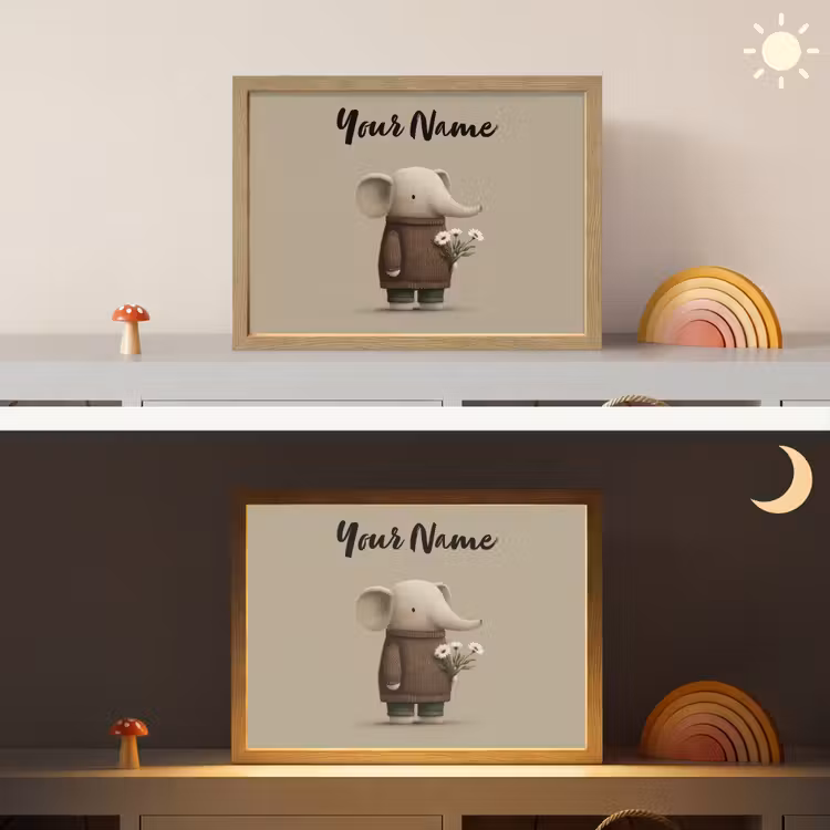 Olifant - Witte bloemen - Kindvriendelijk Light Box met batterij (Wandlamp kind) middel -sfeer3_kind