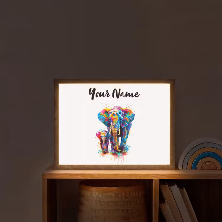 Olifanten - Dieren - Verf - Kleurrijk Light Box met batterij (Wandlamp kind) middel -sfeer1_kind