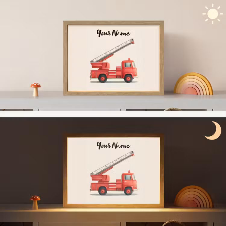 Brandweerwagen - Getekend - Rood Light Box met batterij (Wandlamp kind) middel -sfeer3_kind