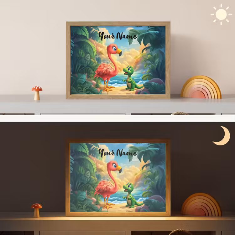 Flamingo - Dinosaurus - Strand - Kleurrijk Light Box met batterij (Wandlamp kind) middel -sfeer3_kind