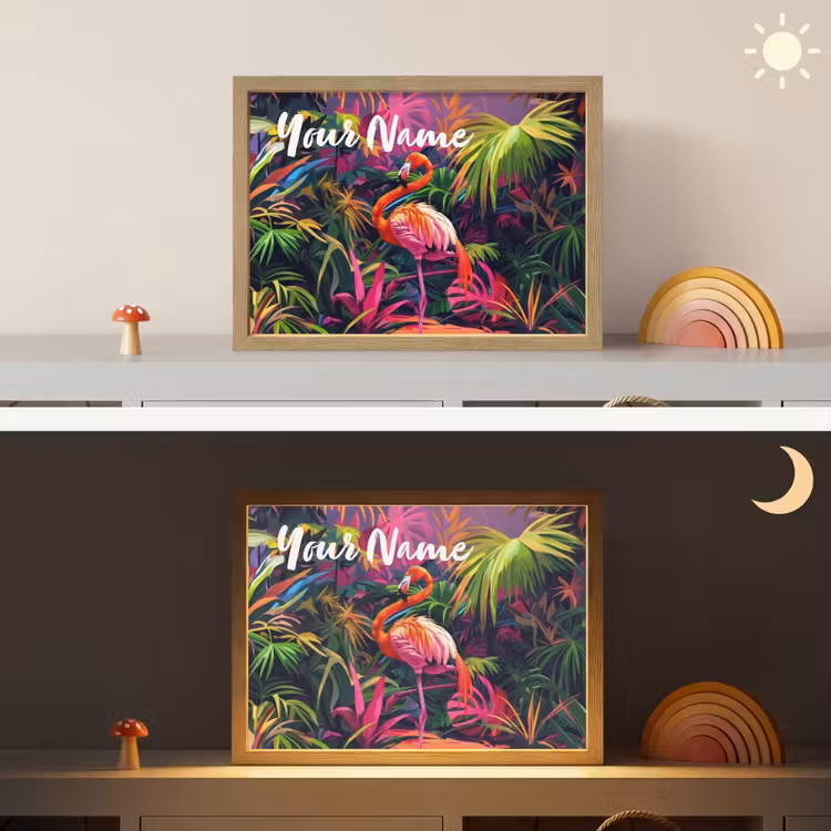 Flamingo - Tropisch - Dier - Bladeren Light Box met batterij (Wandlamp kind) middel -sfeer3_kind