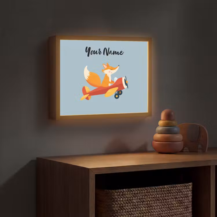 Vos - Vliegtuig - Blauw Light Box met batterij (Wandlamp kind) middel -sfeer5_kind