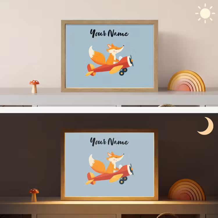 Vos - Vliegtuig - Blauw Light Box met batterij (Wandlamp kind) middel -sfeer3_kind