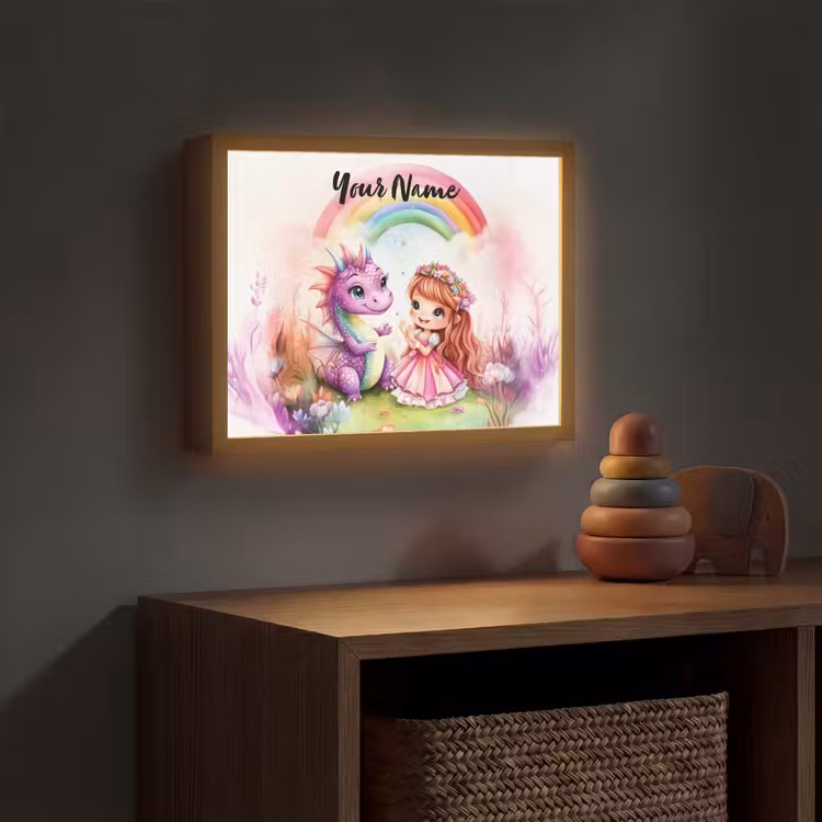 Meisje - Draak - Regenboog Light Box met batterij (Wandlamp kind) middel -sfeer5_kind