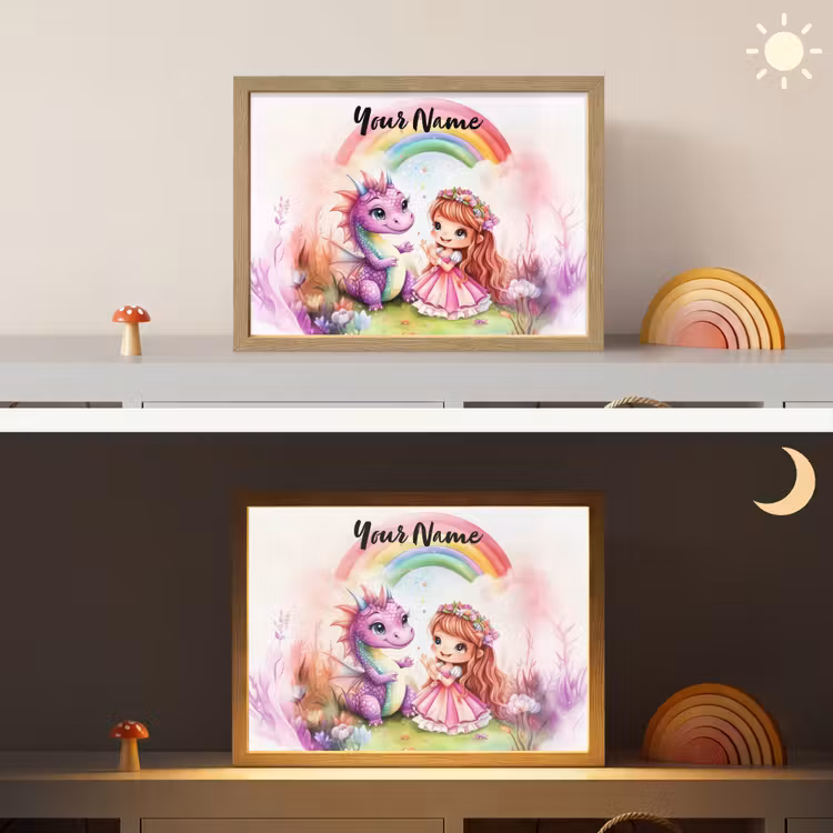 Meisje - Draak - Regenboog Light Box met batterij (Wandlamp kind) middel -sfeer3_kind