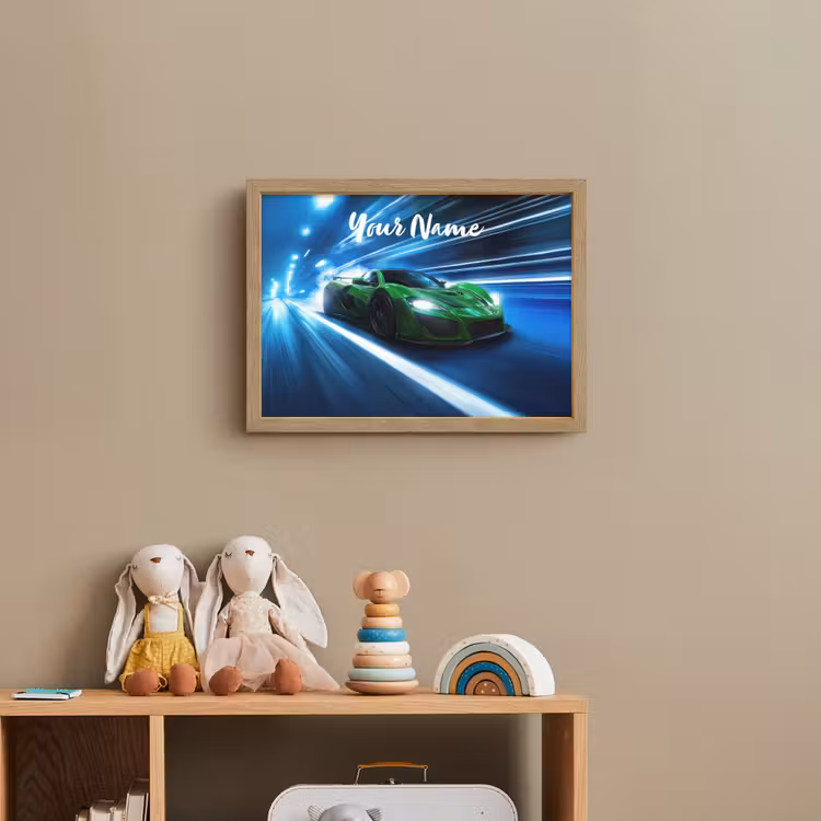 Groene racewagen - Blauw - Neon - Licht Light Box met batterij (Wandlamp kind) middel -sfeer2_kind