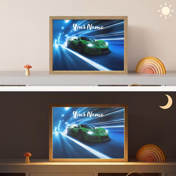 Groene racewagen - Blauw - Neon - Licht Light Box met batterij (Wandlamp kind) middel -sfeer3_kind