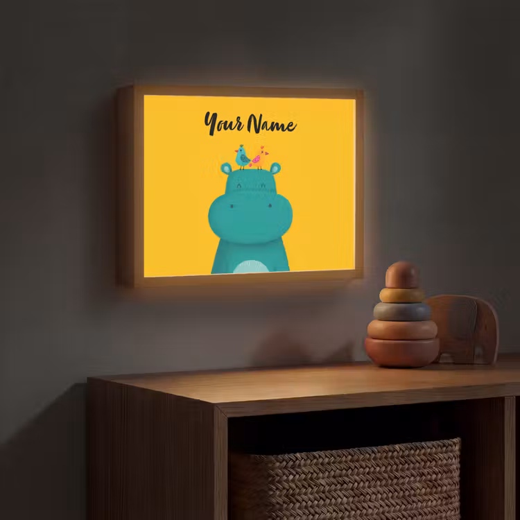 Nijlpaard - Vogels - Groen - Geel Light Box met batterij (Wandlamp kind) middel -sfeer5_kind