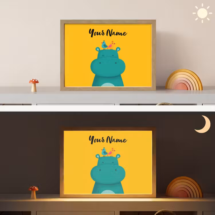 Nijlpaard - Vogels - Groen - Geel Light Box met batterij (Wandlamp kind) middel -sfeer3_kind