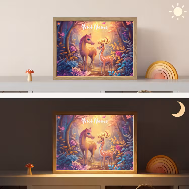 Paard - Hert - Sprookjesbos - Paars Light Box met batterij (Wandlamp kind) middel -sfeer3_kind