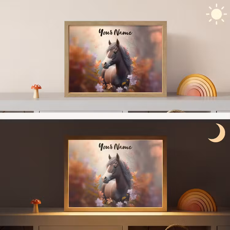 Paard - Bloemen - Natuur - Paars - Dieren Light Box met batterij (Wandlamp kind) middel -sfeer3_kind