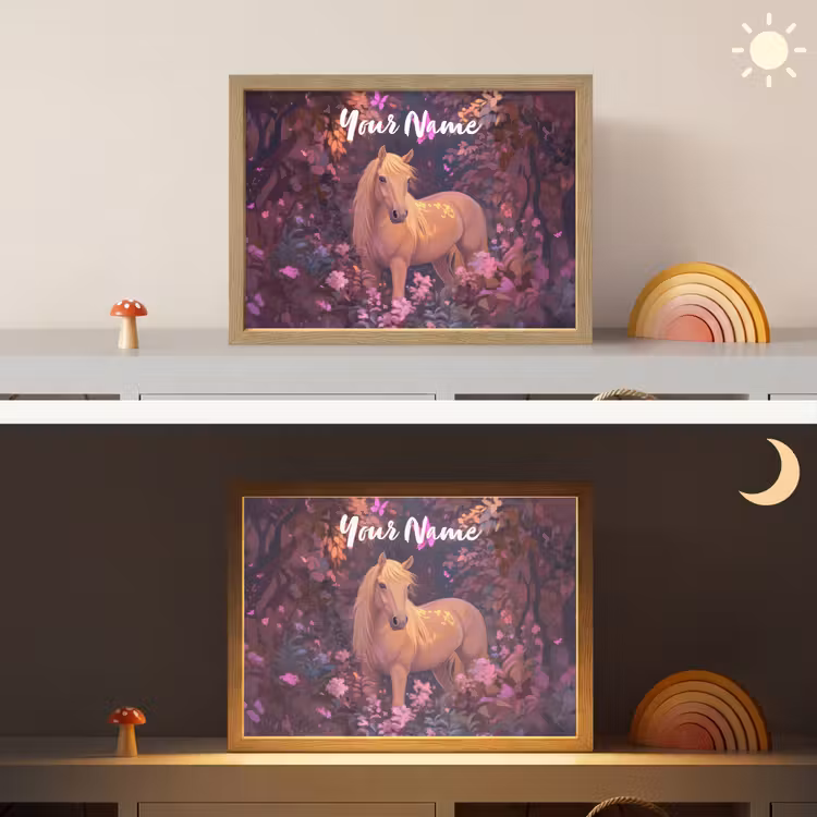 Paard - Bloemen - Paars - Vlinder Light Box met batterij (Wandlamp kind) middel -sfeer3_kind