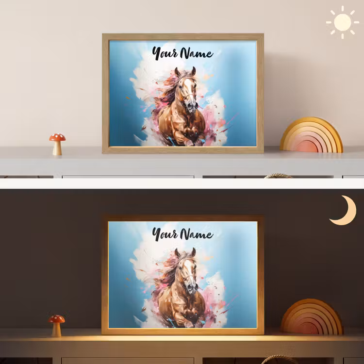 Paard - Meisjes - Blauw - Roze Light Box met batterij (Wandlamp kind) middel -sfeer3_kind