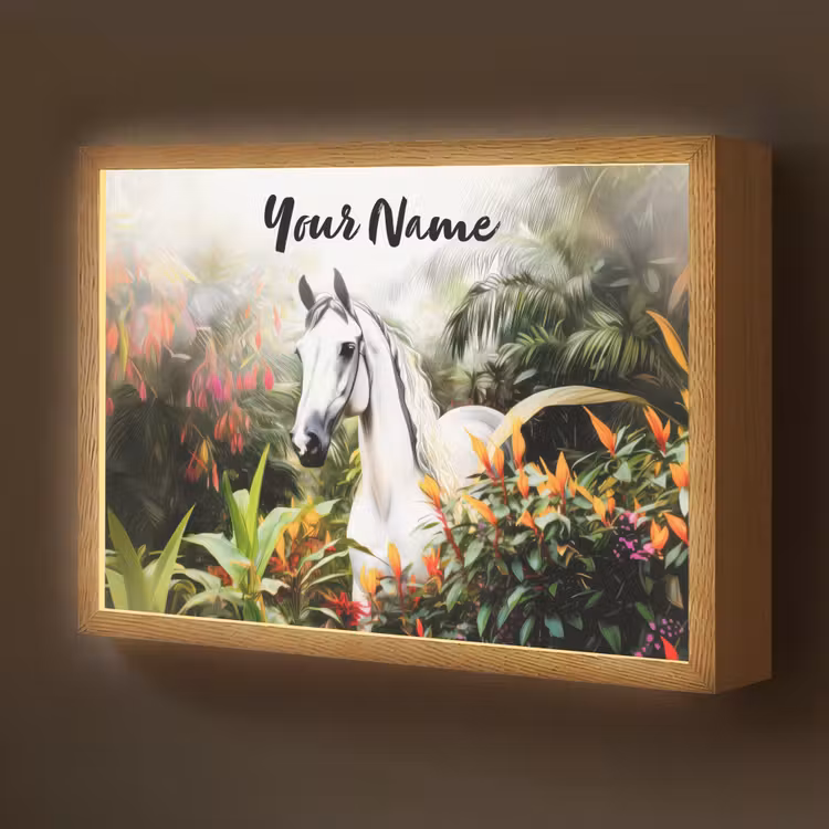 Paard - Wit - Bos - Bloemen - Planten Light Box met batterij (Wandlamp kind) middel -z3d_website