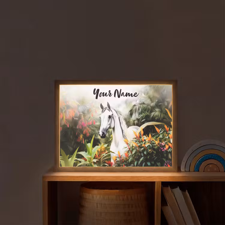 Paard - Wit - Bos - Bloemen - Planten Light Box met batterij (Wandlamp kind) middel -sfeer1_kind