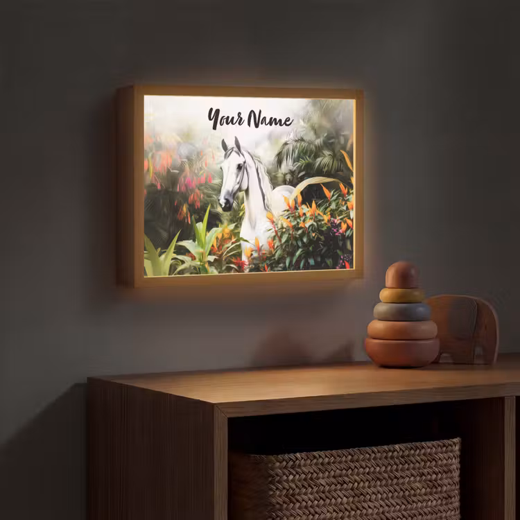 Paard - Wit - Bos - Bloemen - Planten Light Box met batterij (Wandlamp kind) middel -sfeer5_kind