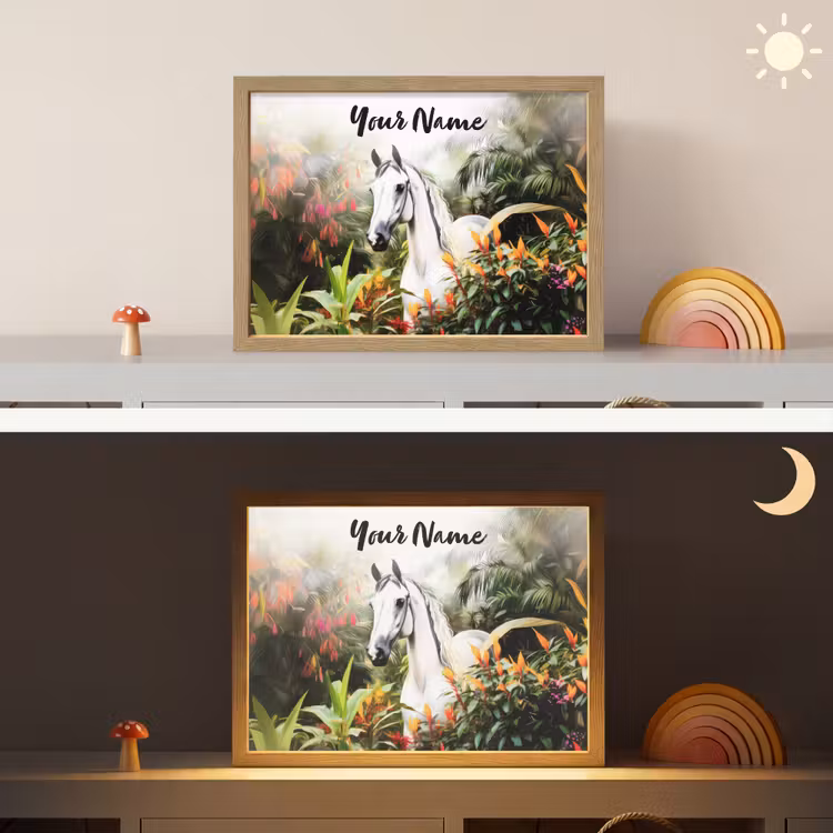 Paard - Wit - Bos - Bloemen - Planten Light Box met batterij (Wandlamp kind) middel -sfeer3_kind