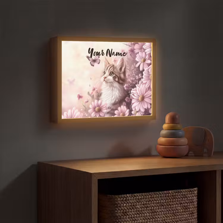 Kitten - Bloemen - Vlinders - Paars Light Box met batterij (Wandlamp kind) middel -sfeer5_kind