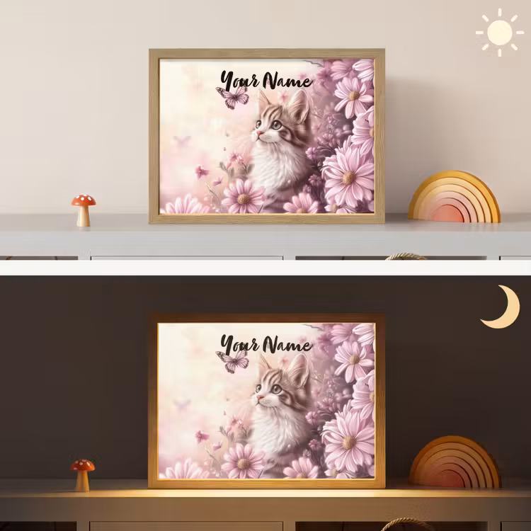 Kitten - Bloemen - Vlinders - Paars Light Box met batterij (Wandlamp kind) middel -sfeer3_kind