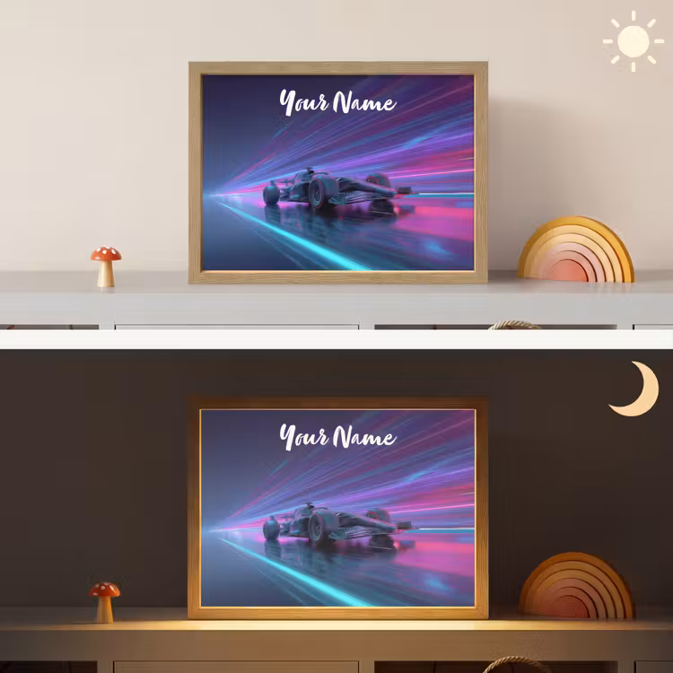 Lichtstralen - Neon - Racewagen - Paars Light Box met batterij (Wandlamp kind) middel -sfeer3_kind