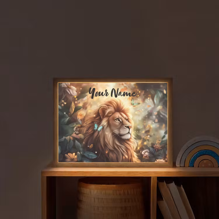Leeuw - Dieren - Bloemen - Jungle Light Box met batterij (Wandlamp kind) middel -sfeer1_kind