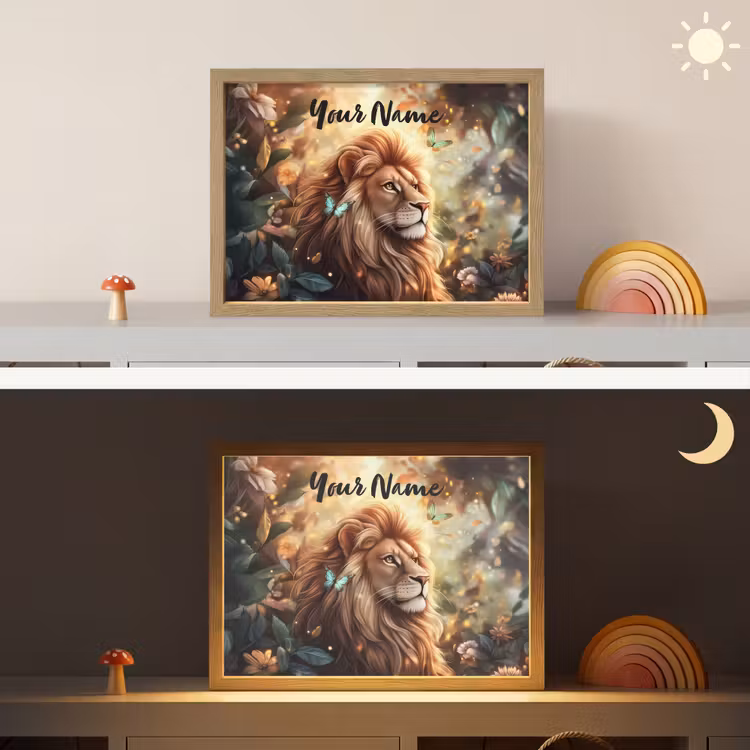 Leeuw - Dieren - Bloemen - Jungle Light Box met batterij (Wandlamp kind) middel -sfeer3_kind