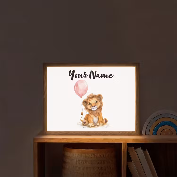 Leeuw - Baby dier - Dieren - Roze ballon Light Box met batterij (Wandlamp kind) middel -sfeer1_kind