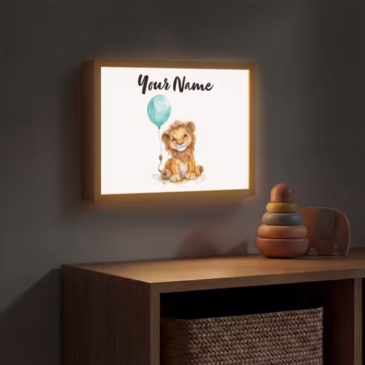 Leeuw - Baby dier - Blauwe ballon Light Box met batterij (Wandlamp kind) middel -sfeer5_kind