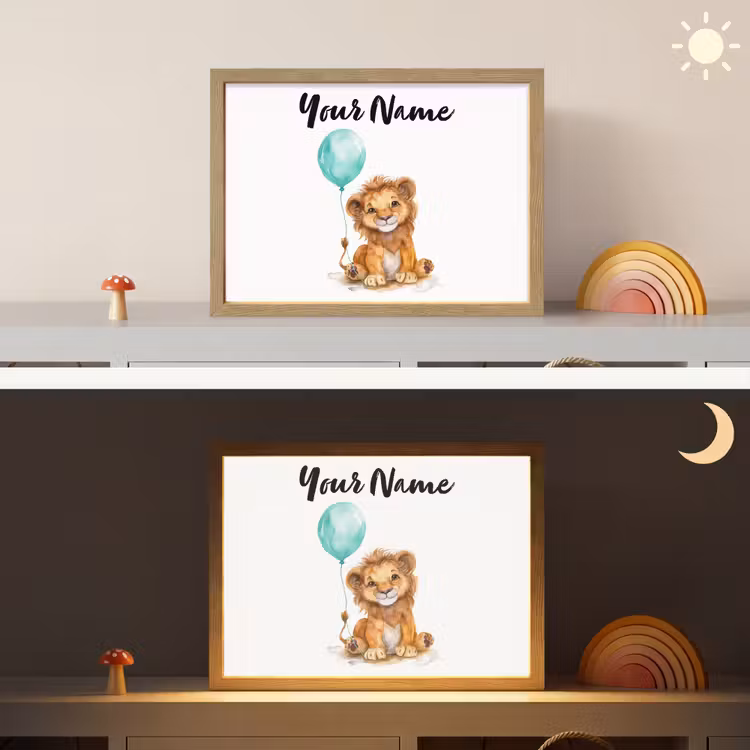 Leeuw - Baby dier - Blauwe ballon Light Box met batterij (Wandlamp kind) middel -sfeer3_kind