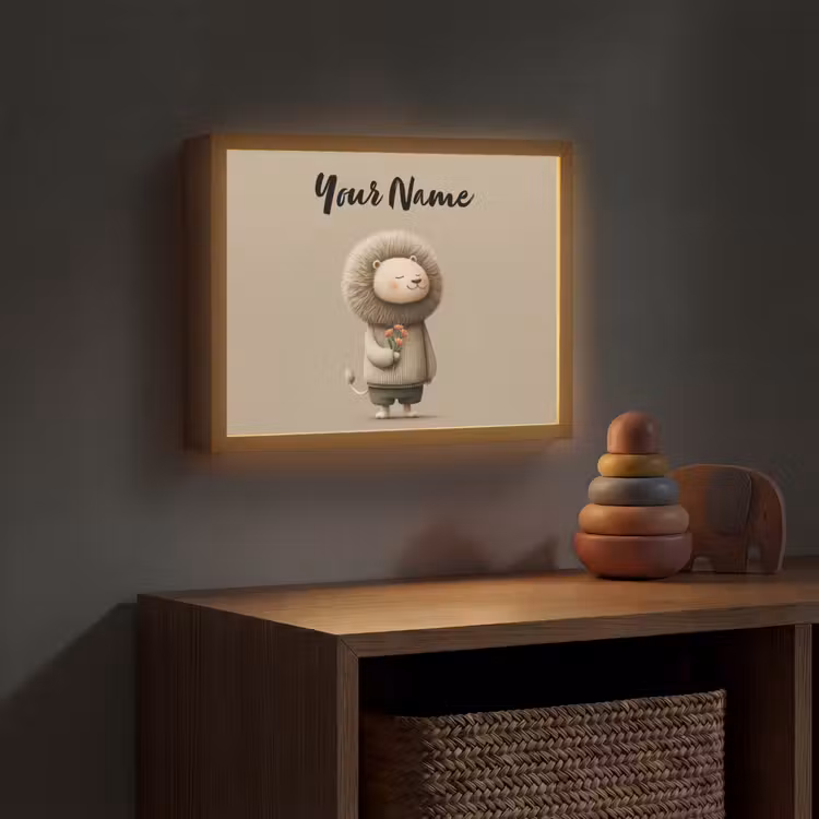 Leeuw - Oranje bloemen - Vriendelijk Light Box met batterij (Wandlamp kind) middel -sfeer5_kind