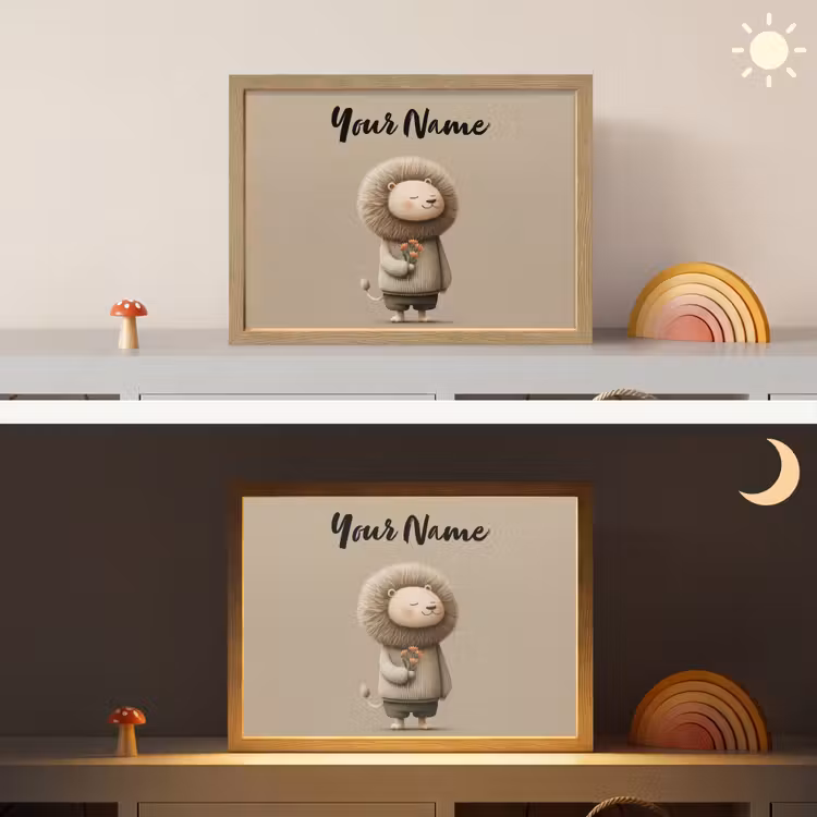 Leeuw - Oranje bloemen - Vriendelijk Light Box met batterij (Wandlamp kind) middel -sfeer3_kind