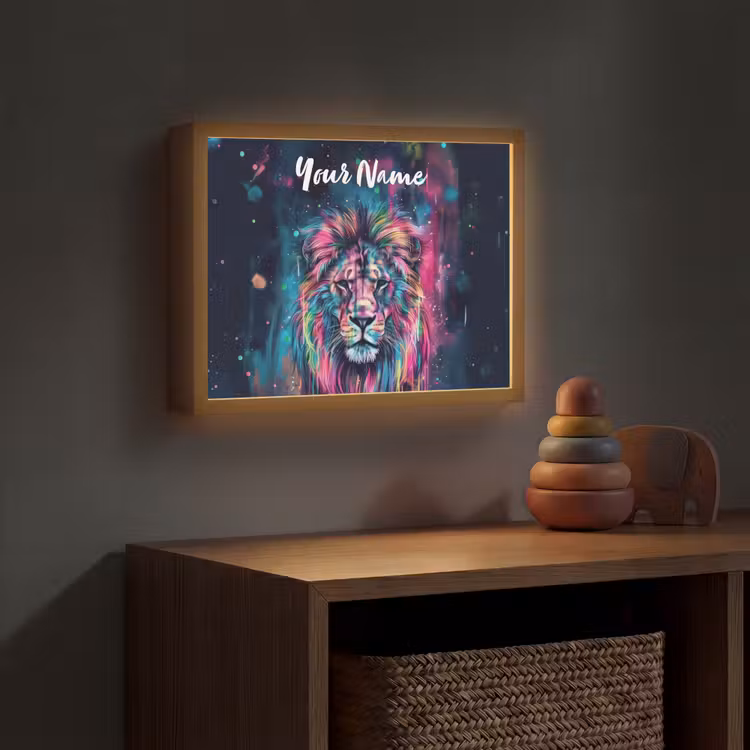 Leeuw - Verf - Kleurrijk - Zwart - Dieren Light Box met batterij (Wandlamp kind) middel -sfeer5_kind