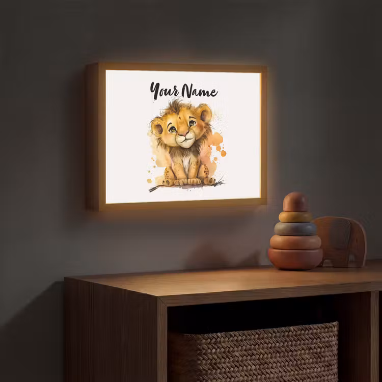 Leeuw - Waterverf - Bruin - Dieren - Meisjes - Jongens Light Box met batterij (Wandlamp kind) middel -sfeer5_kind