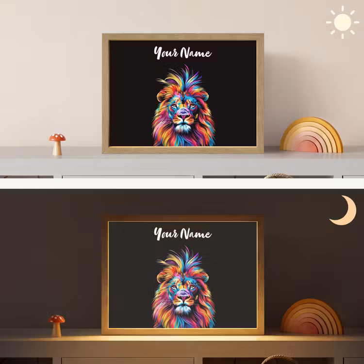 Leeuwen - Kleurrijk - Zwart - Dieren Light Box met batterij (Wandlamp kind) middel -sfeer3_kind