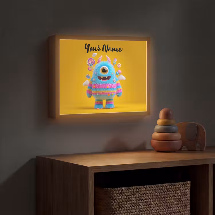 Monster - Snoep - Geel - Kleurrijk Light Box met batterij (Wandlamp kind) middel -sfeer5_kind