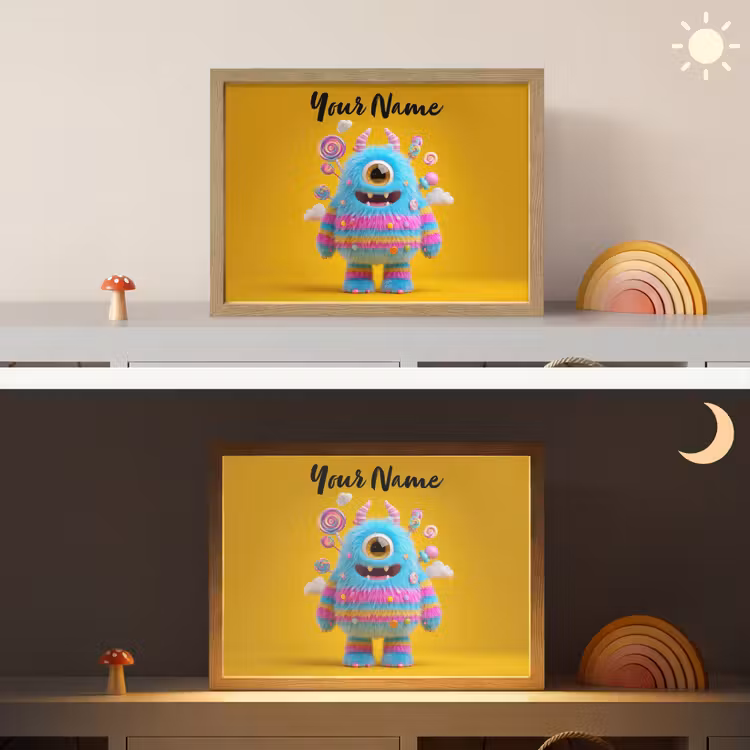 Monster - Snoep - Geel - Kleurrijk Light Box met batterij (Wandlamp kind) middel -sfeer3_kind