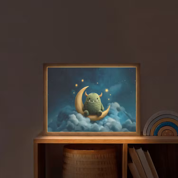 Monster - Groen - Maan - Wolken Light Box met batterij (Wandlamp kind) middel -sfeer1_kind