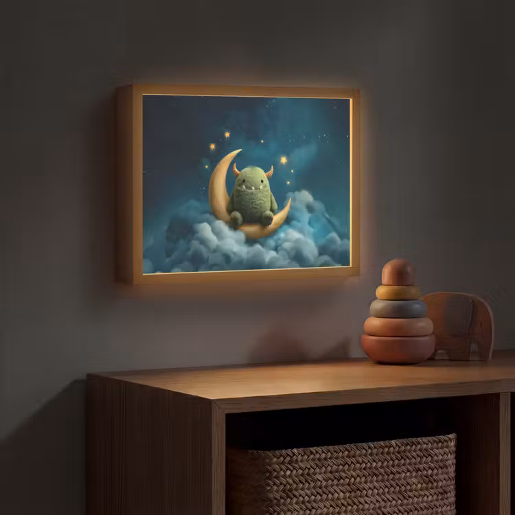 Monster - Groen - Maan - Wolken Light Box met batterij (Wandlamp kind) middel -sfeer5_kind